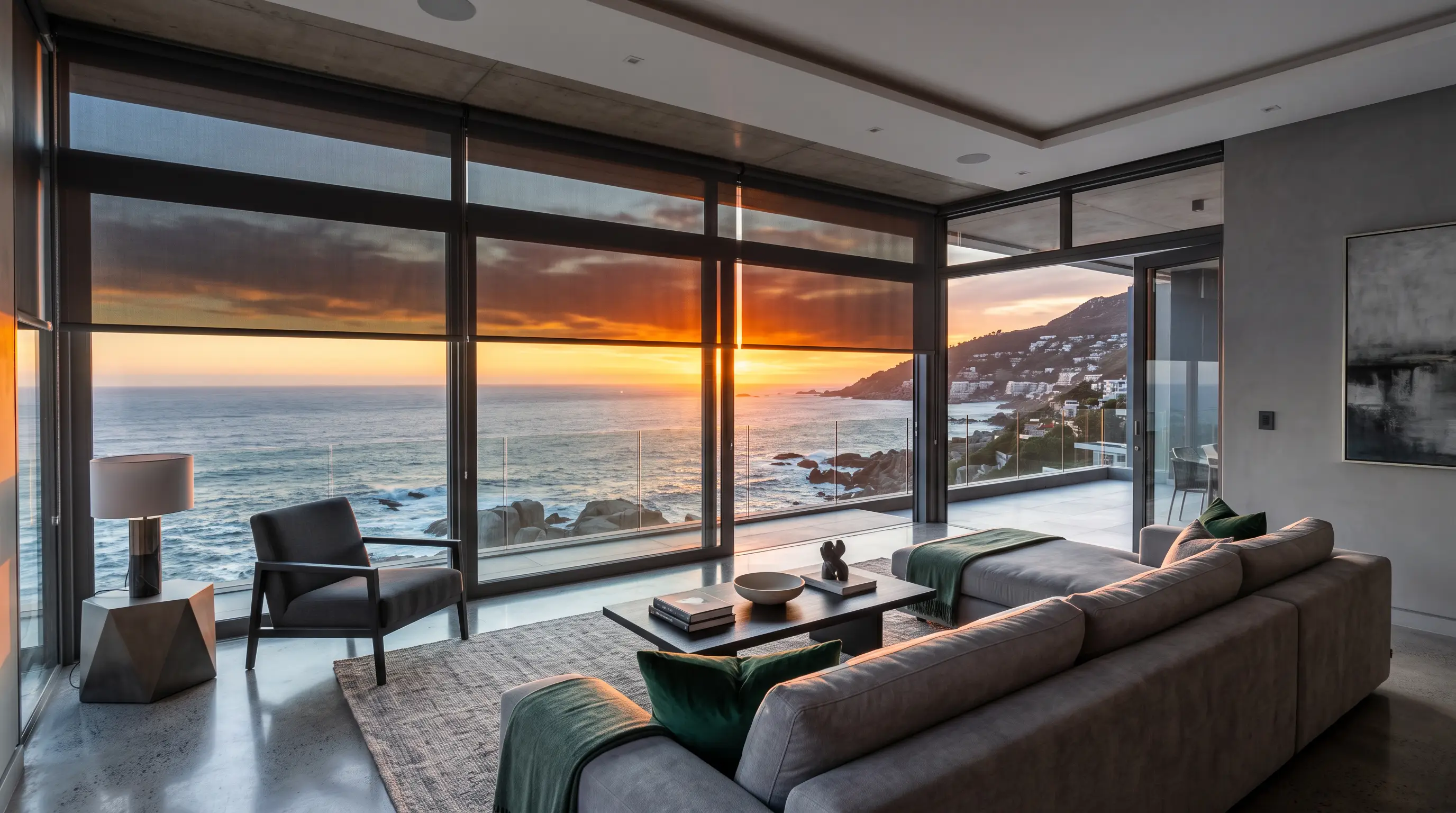 Sunscreen roller blinds part-lowered across the glass wall of a Clifton living room as the sun drops into the Atlantic